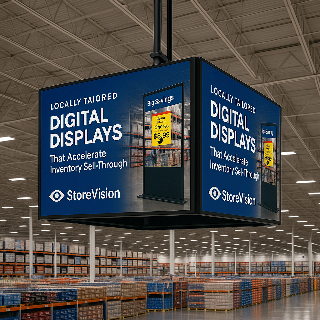 Concept rendering of a four-direction StoreVision display suspended above the center of a large-format retail store